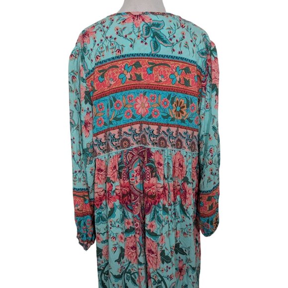 R Vivimos Mixed Floral Midi Dress Womens Size 2XL Blue Tassels Boho V Neck - Picture 10 of 11